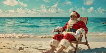 Santa Claus sitting on a deck chair at the beach. Christmas vacation.の素材
