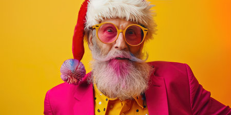 close-up portrait of an old man with a long white beard and mustache in a red jacket and a Santa Claus hat on a yellow backgroundの素材