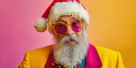 Close-up portrait of an old man with a long white beard and mustache in a red Santa Claus hat on a colored backgroundの素材