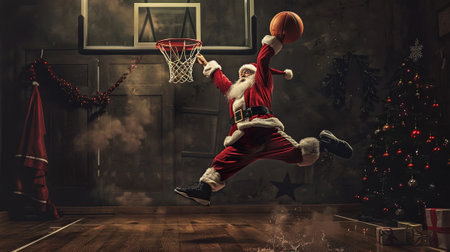 Santa Claus playing basketball at home. Christmas and New Year concept.の素材