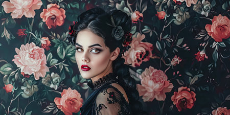 Portrait of a beautiful gothic woman in a black dress with flowers.の素材