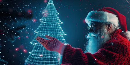 Portrait of Santa Claus in red sweater and eyeglasses touching Christmas tree with his hands against blue backgroundの素材