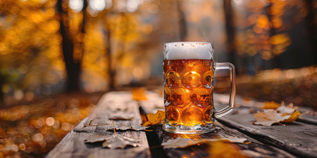 A mug of beer on a wooden table in the autumn forest.の素材
