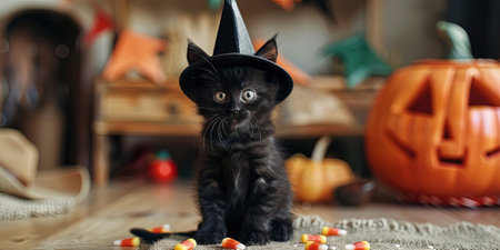 Cute little black kitten in witch hat and halloween candiesの素材
