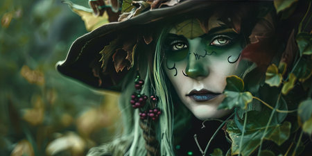 Fantasy portrait of a beautiful witch in a forest. Halloween.の素材