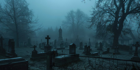 Gravestones in a cemetery in the foggy morning. Halloween conceptの素材