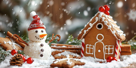 Gingerbread house and snowman on wooden background with snowfallの素材