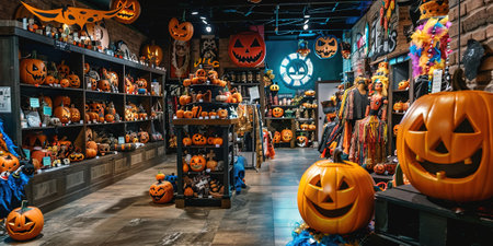 Halloween pumpkins and other decorations in a halloween storeの素材