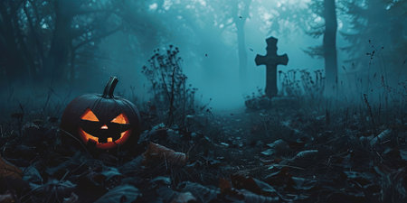 Halloween pumpkin head jack lantern in spooky dark forest. Halloween background.の素材