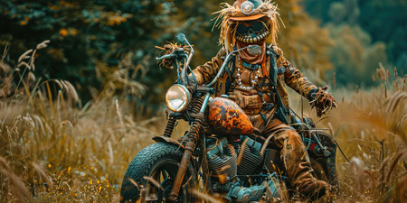 Viking warrior on the motorcycle in the steppe. Selective focus.の素材