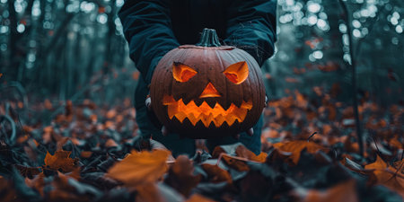 Halloween pumpkin in the hands of a man in the autumn forestの素材