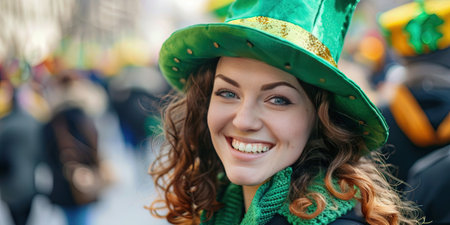 Close up portrait of a beautiful young woman with curly hair in a leprechaun hatの素材