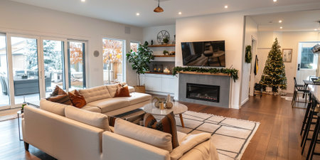 Interior of a luxury living room with fireplace and christmas treeの素材
