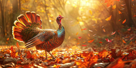 Wild turkey in the autumn forest. Beautiful nature scene with a male turkeyの素材