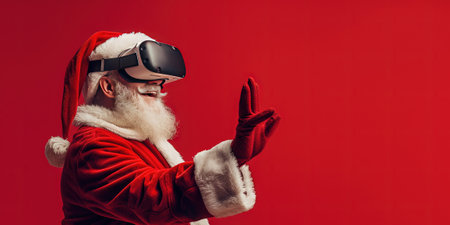 Santa Claus wearing virtual reality goggles. Christmas and new year concept.の素材