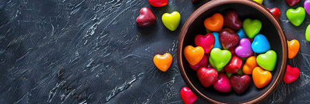 Colorful heart-shaped candies in bowl on black background. Top view, copy spaceの素材