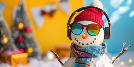 Snowman listening to music with headphones. Christmas and New Year concept.の素材