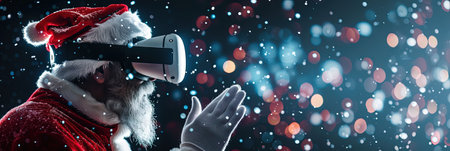 Santa claus wearing virtual reality goggles against blue glowing dots on blackの素材