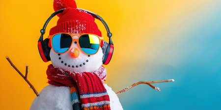 Snowman wearing headphones and scarf on colorful background with copy space.の素材