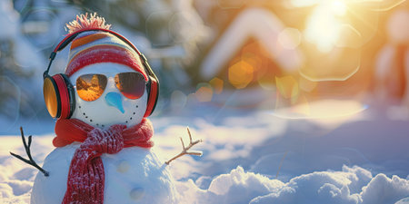 Snowman wearing headphones and scarf in the snow. Christmas background.の素材
