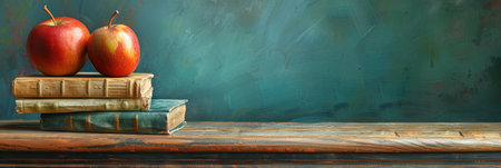 Books and apples on old wooden shelf. Back to school concept.の素材