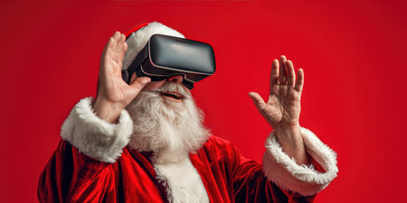 Santa Claus is using virtual reality headset and smiling while standing against red backgroundの素材