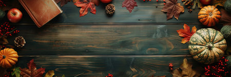 Autumn background with pumpkins, apples and fallen leaves on wooden tableの素材
