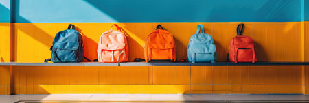 Colorful backpacks on shelf in school canteen, panoramaの素材