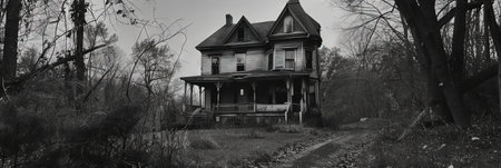 Abandoned house in the woods. Black and white photo.の素材