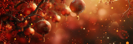 Christmas background with red balls and bokeh lights. 3d renderingの素材