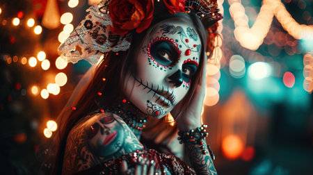 Beautiful girl in sugar skull makeup. Dia de los muertos. Day of The Dead. Halloween.の素材