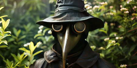 A man with a mask and a black hat on his head in the gardenの素材