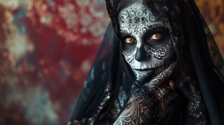 Close-up portrait of a beautiful young woman with skull makeup. Dia de los muertos. Day of The Dead. Halloween.の素材