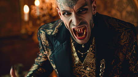 Close-up portrait of a scary clown with a tattoo on his bodyの素材