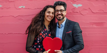 happy young couple holding red heart and looking at camera on pink backgroundの素材