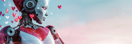 Robot humanoid hand holding red heart in blue sky. 3D renderingの素材