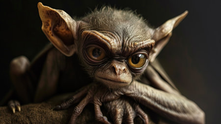 Portrait of a funny baby bat on a dark background close upの素材