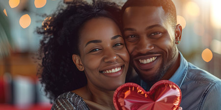 Happy african american couple holding red heart shaped balloons in cafeの素材