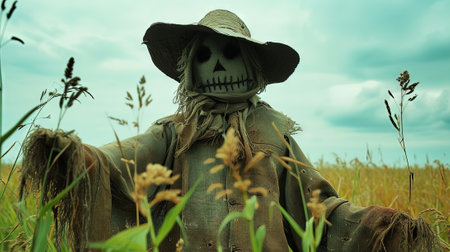Scarecrow in the cornfield. Halloween theme. Selective focus.の素材
