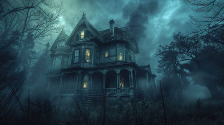 Haunted house in the forest. Halloween background. 3D render.の素材