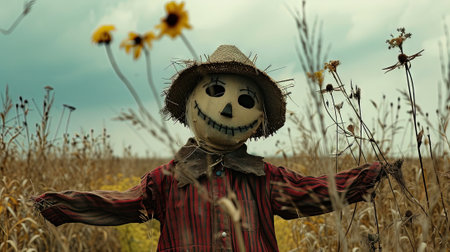 Scarecrow in a cornfield with sunflowers in the backgroundの素材