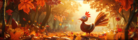 3d render of a cute rooster in the autumn forest.の素材