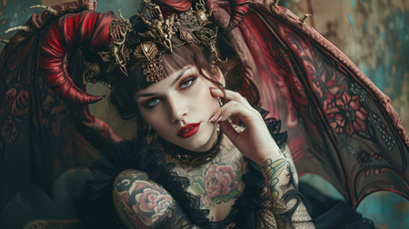 Portrait of a beautiful steampunk woman with fantasy make-up.の素材