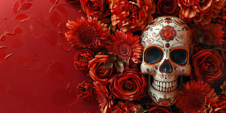 Day of the Dead skull with red flowers on red background, copy spaceの素材
