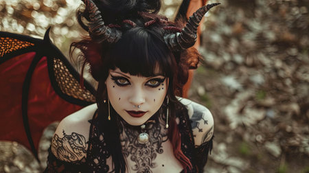 Portrait of a beautiful gothic girl with black hair and red make-upの素材