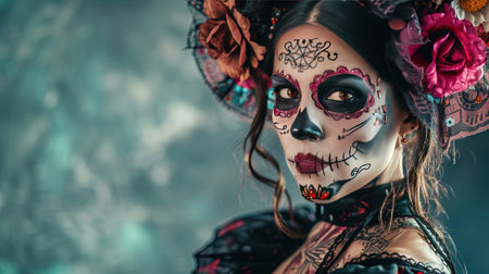 Portrait of a beautiful young woman with sugar skull makeup. Dia de los muertos. Day of The Dead. Halloween.の素材