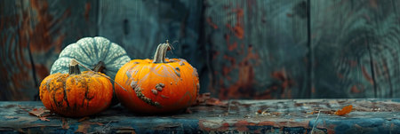Pumpkins on old wooden background, Halloween concept. Banner.の素材