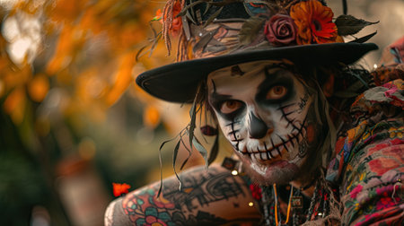 Tattooed man with skull make-up and headdressの素材