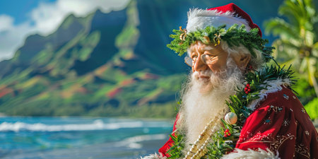Santa Claus on the beach in Hawaii. Holiday and vacation concept.の素材
