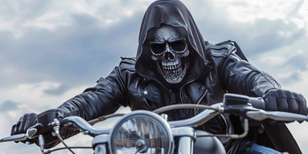 Skull rider in a black leather jacket sits on a motorcycle.の素材